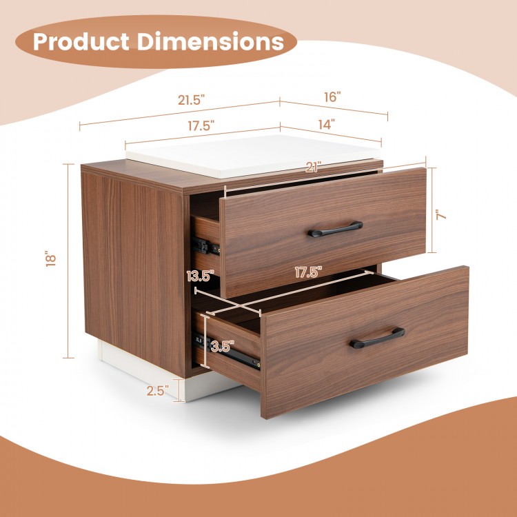 Dimensions of the brown modern nightstand with 2 drawers, ideal for compact spaces and versatile use in any room.